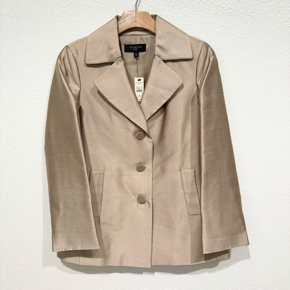 NWT talbots beige gold khaki champagne silk wool button up blazer suit jacket